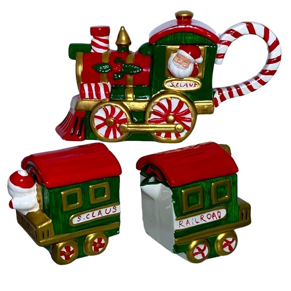 Vintage Santa Train Teapot With Nesting Creamer Sugar Bowl 3 Pieces Ceramic 1994 - Picture 13 of 16